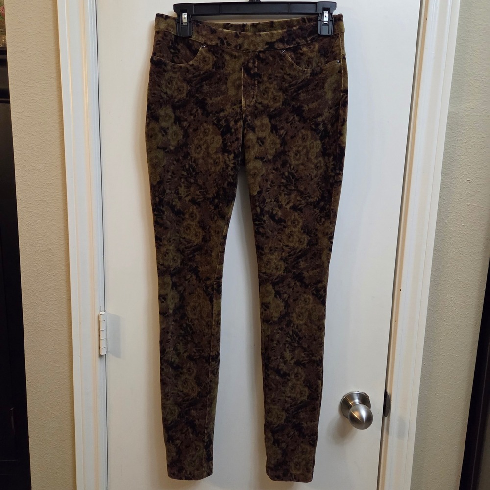 HUE Womens Small Corduroy Leggings Floral Tapestry Print Olive Green Skinny